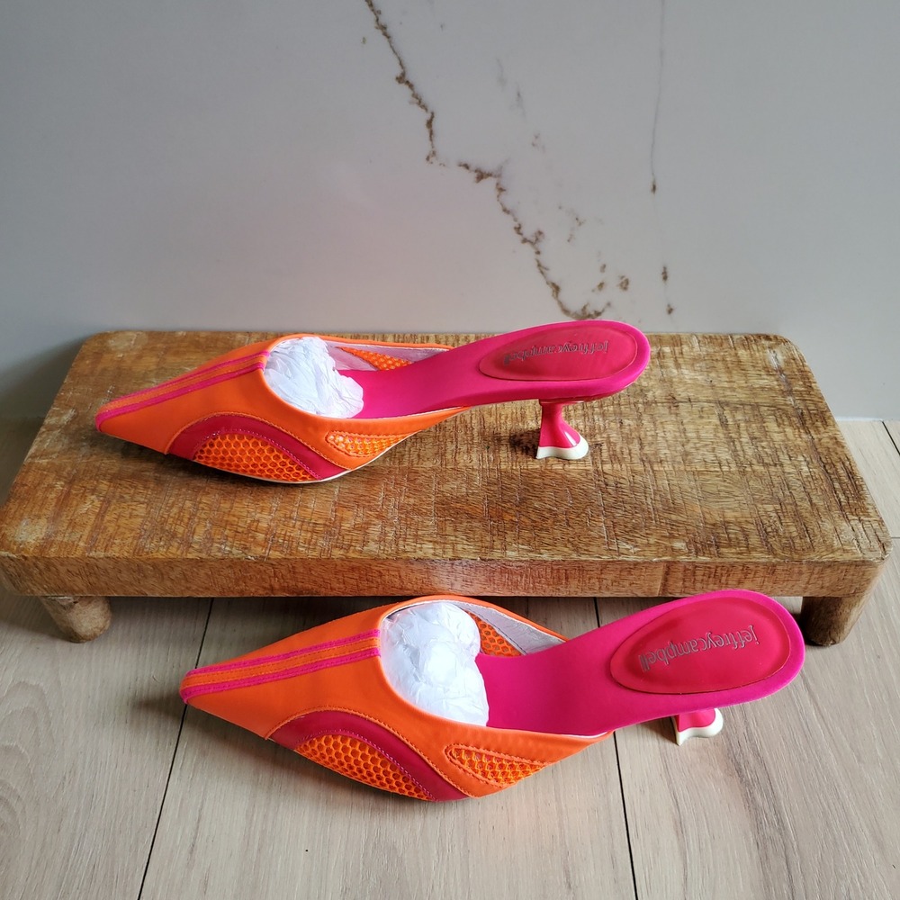 Jeffrey Campbell Heels Womens 7.5 Orange Pink Neon Cruel Kitten Heel Mules Mesh